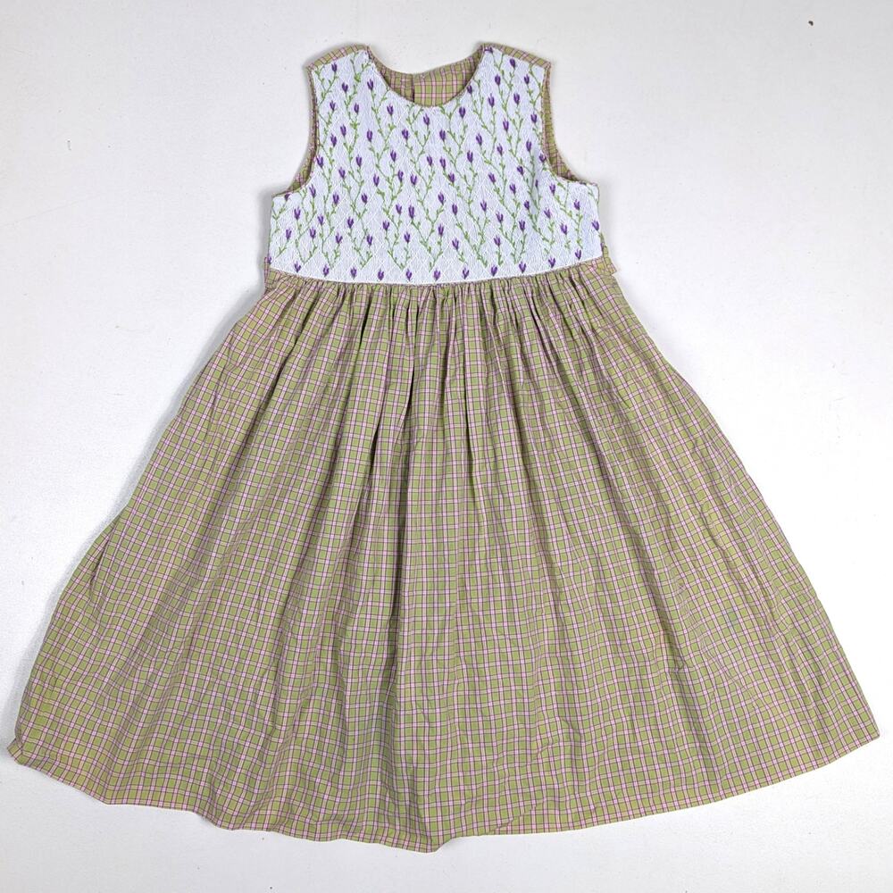 Beaux et Belles Dress Girls Sz 6 Green Plaid Smocked Floral Boutique Classic